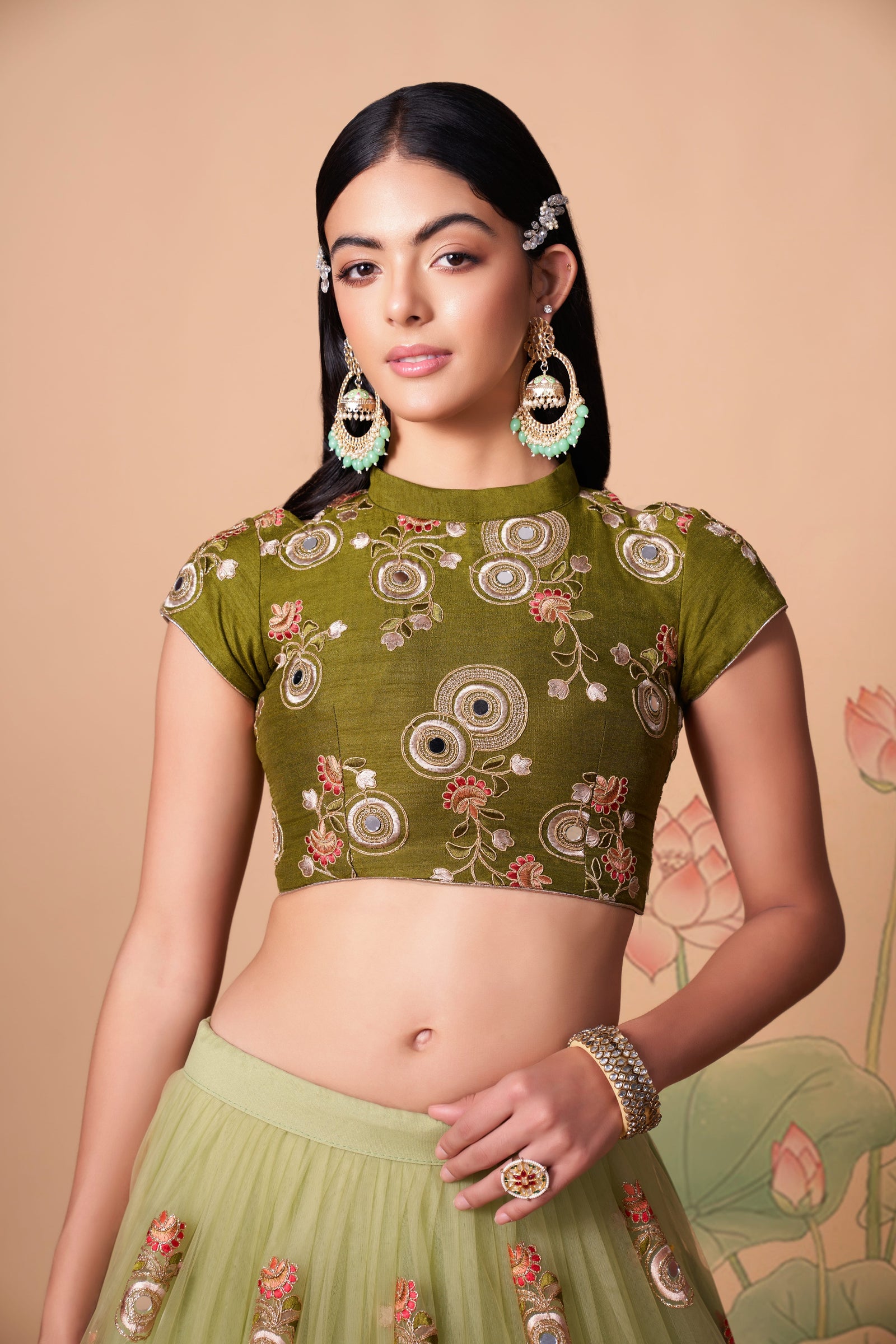 Pista Soft Net Mirror Embroidered Lehenga Choli Set