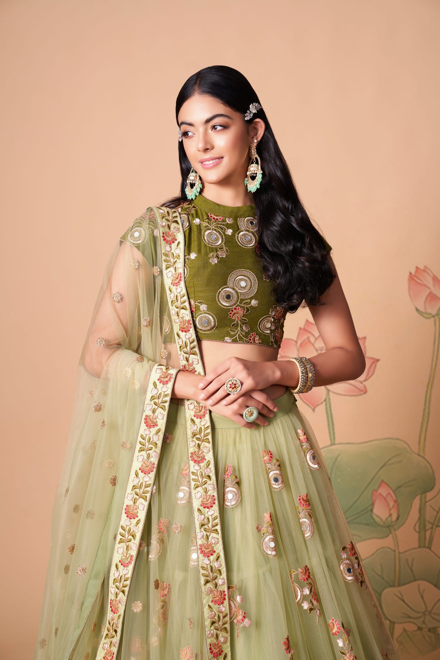 Pista Soft Net Mirror Embroidered Lehenga Choli Set