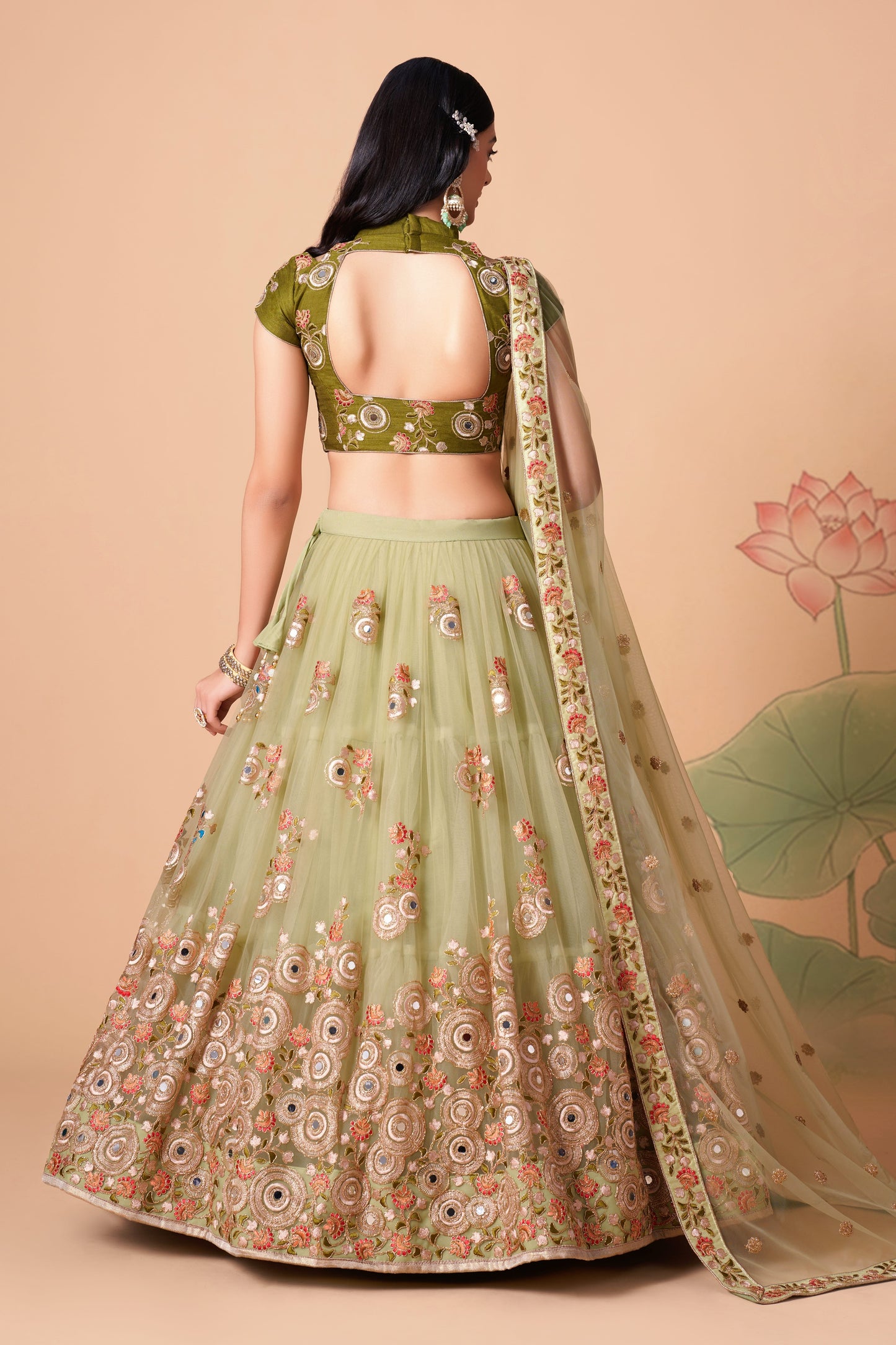 Pista Soft Net Mirror Embroidered Lehenga Choli Set
