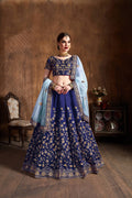 Navy Blue Raw Silk Embroidered Lehenga Choli Set