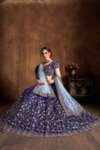 Navy Blue Raw Silk Embroidered Lehenga Choli Set