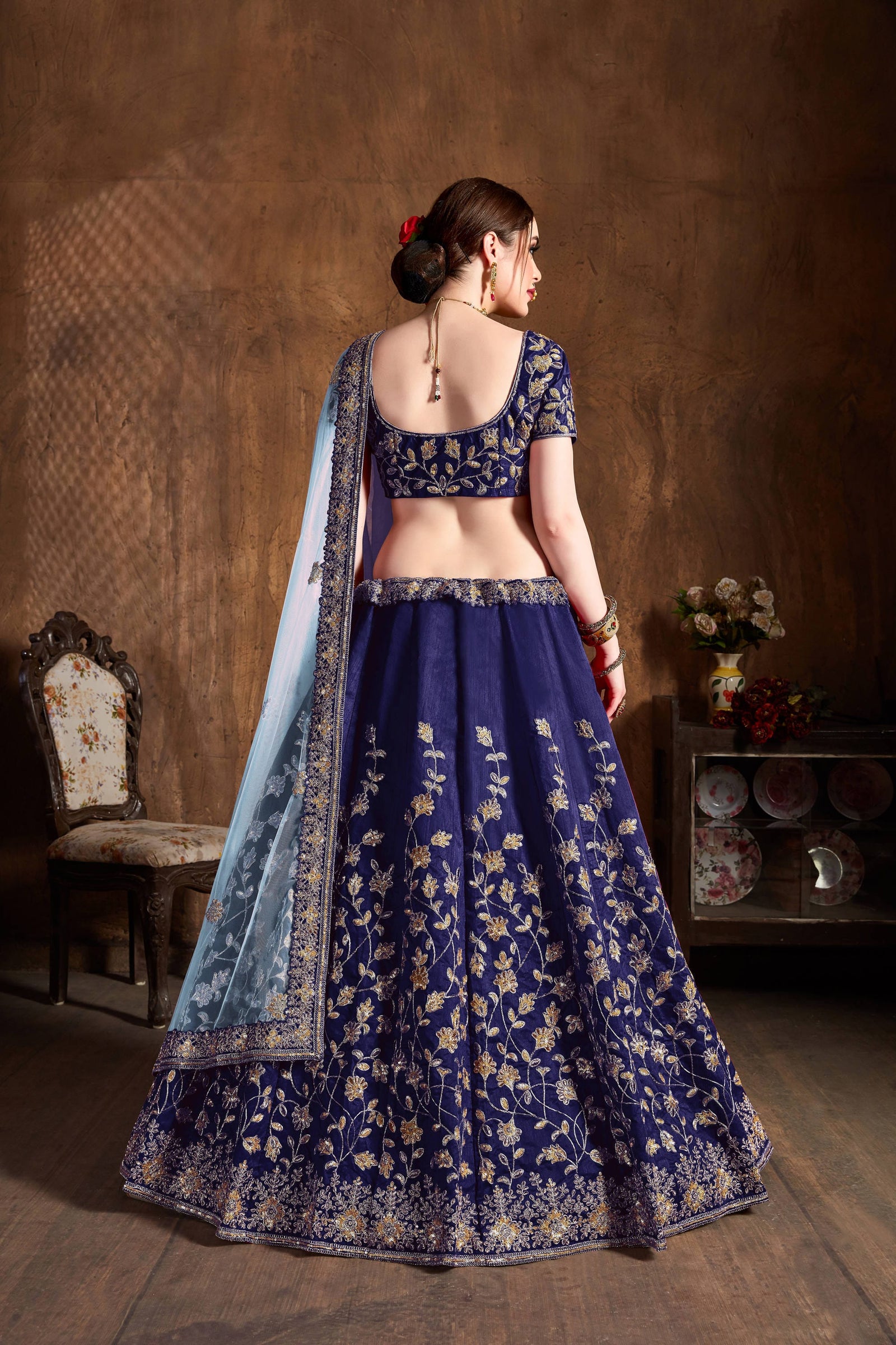 Navy Blue Raw Silk Embroidered Lehenga Choli Set