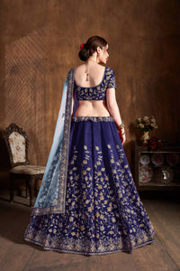 Navy Blue Raw Silk Embroidered Lehenga Choli Set