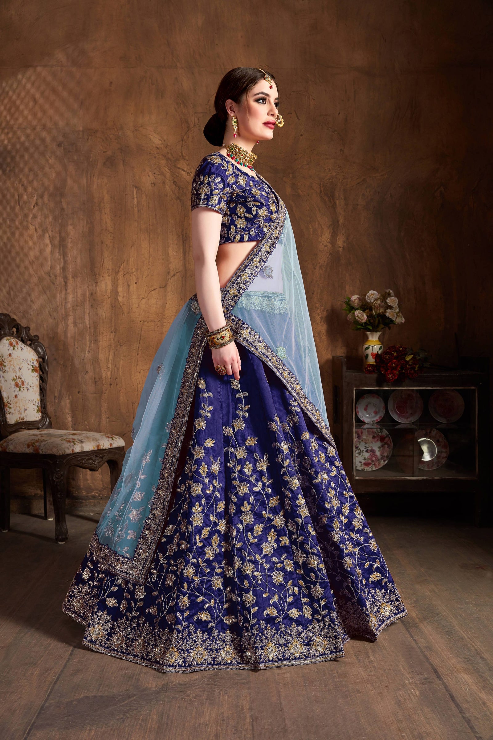 Navy Blue Raw Silk Embroidered Lehenga Choli Set