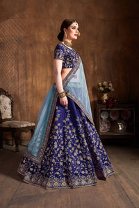 Navy Blue Raw Silk Embroidered Lehenga Choli Set