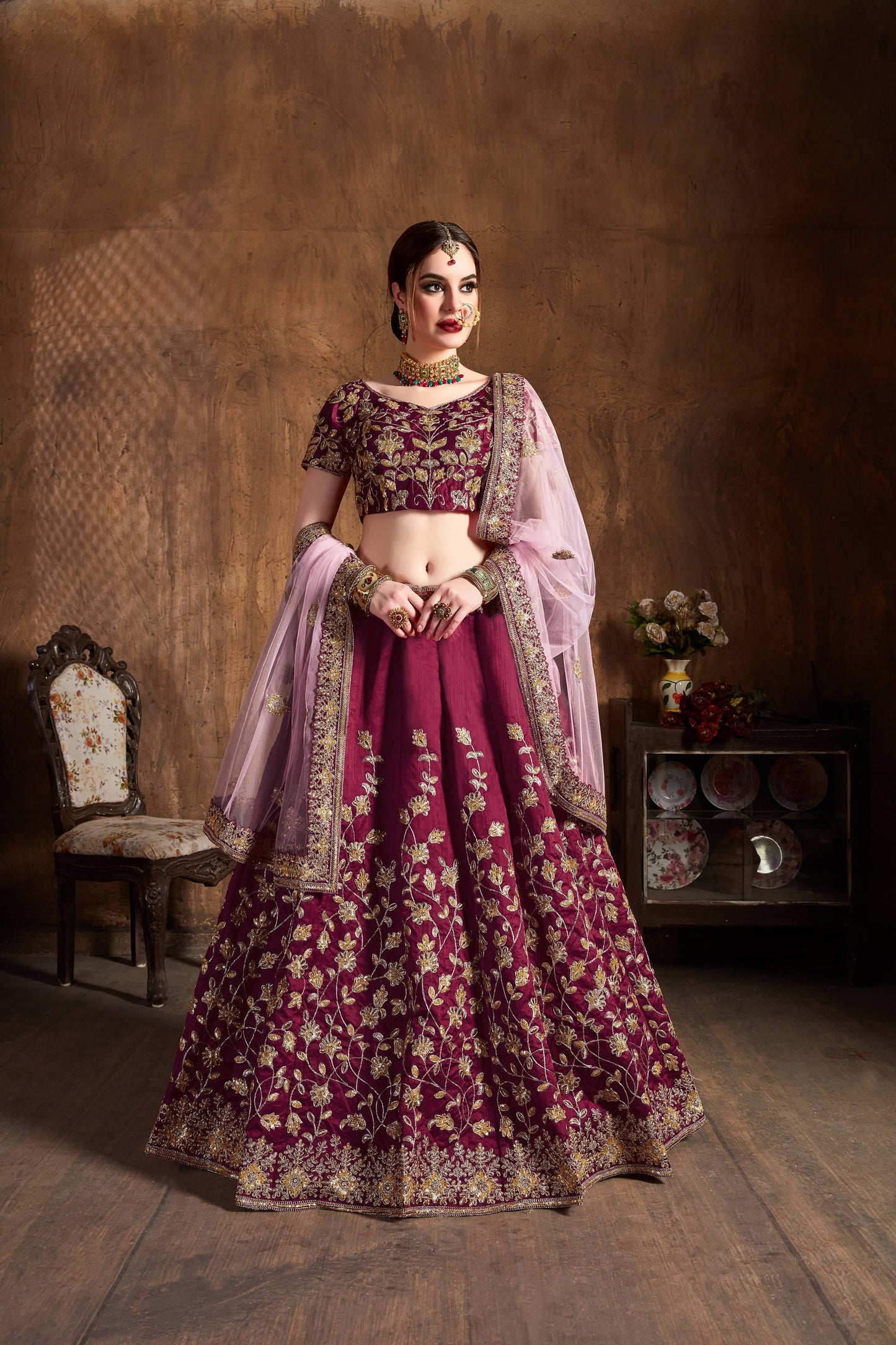 Maroon Raw Silk Embroidered Lehenga Choli Set