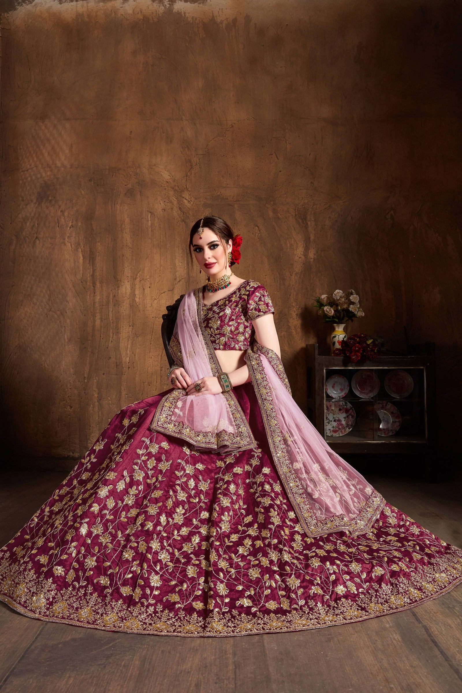 Maroon Raw Silk Embroidered Lehenga Choli Set