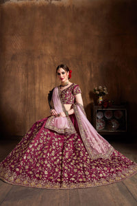 Maroon Raw Silk Embroidered Lehenga Choli Set