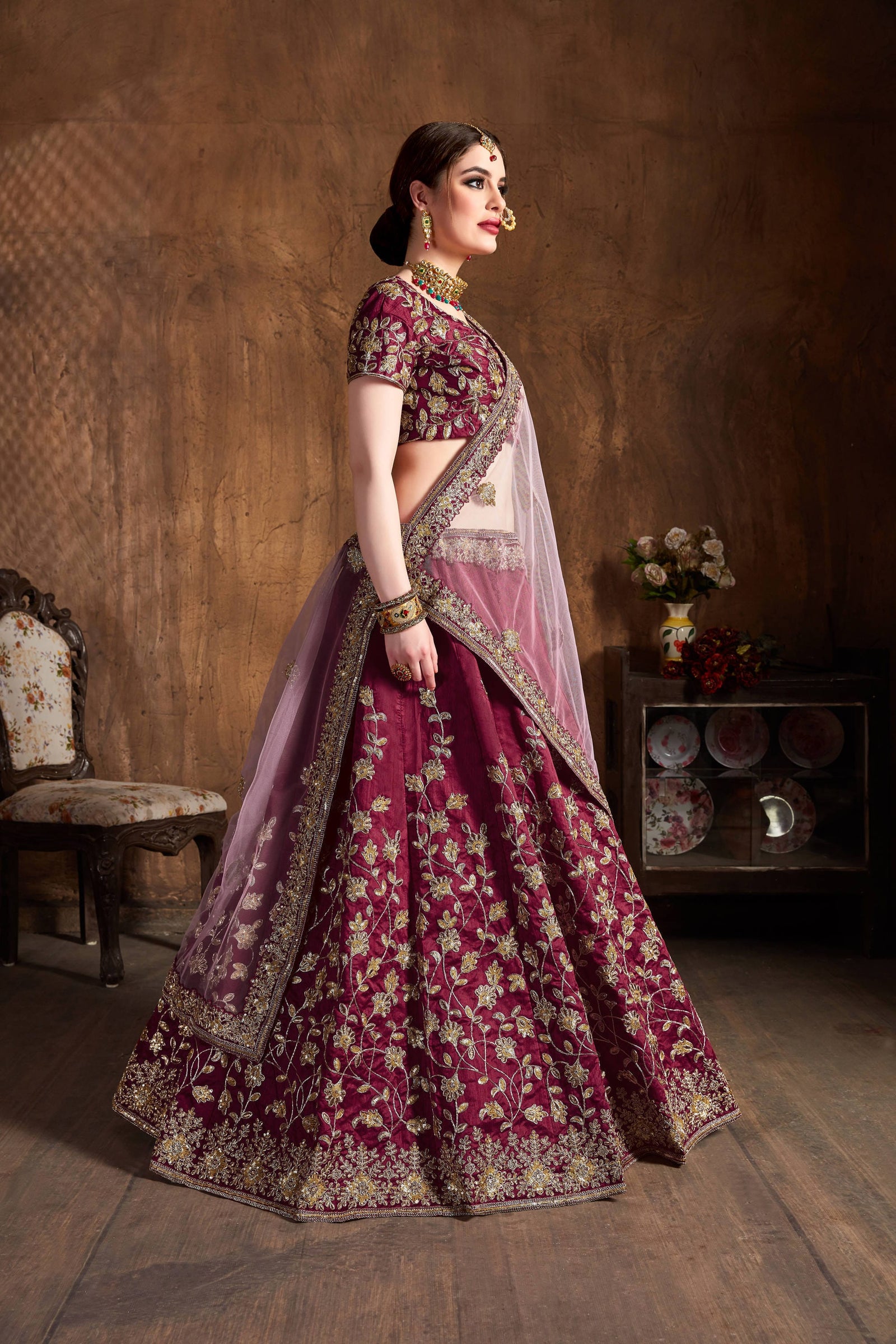Maroon Raw Silk Embroidered Lehenga Choli Set
