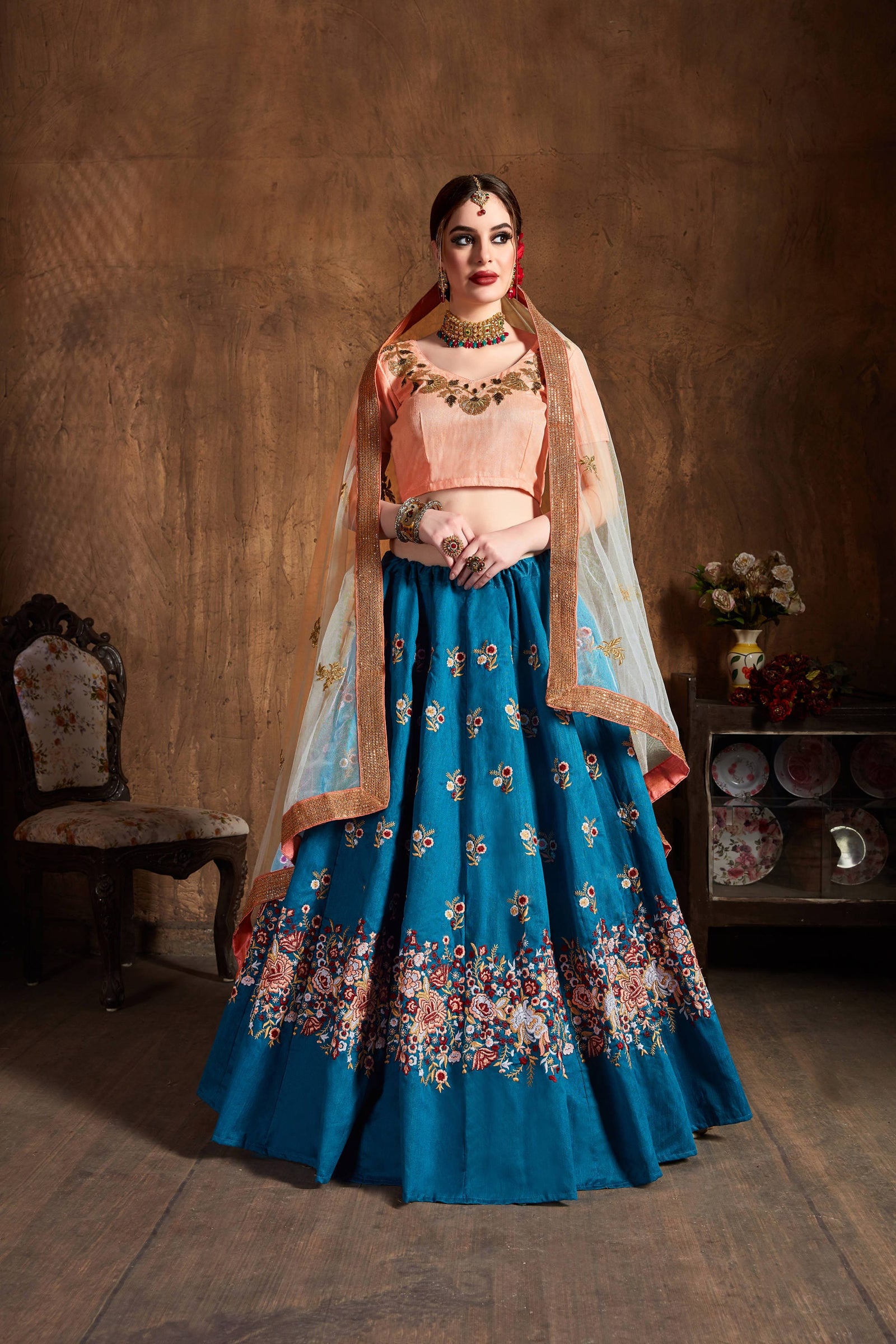 Teal Blue Raw Silk Embroidered Lehenga Choli Set