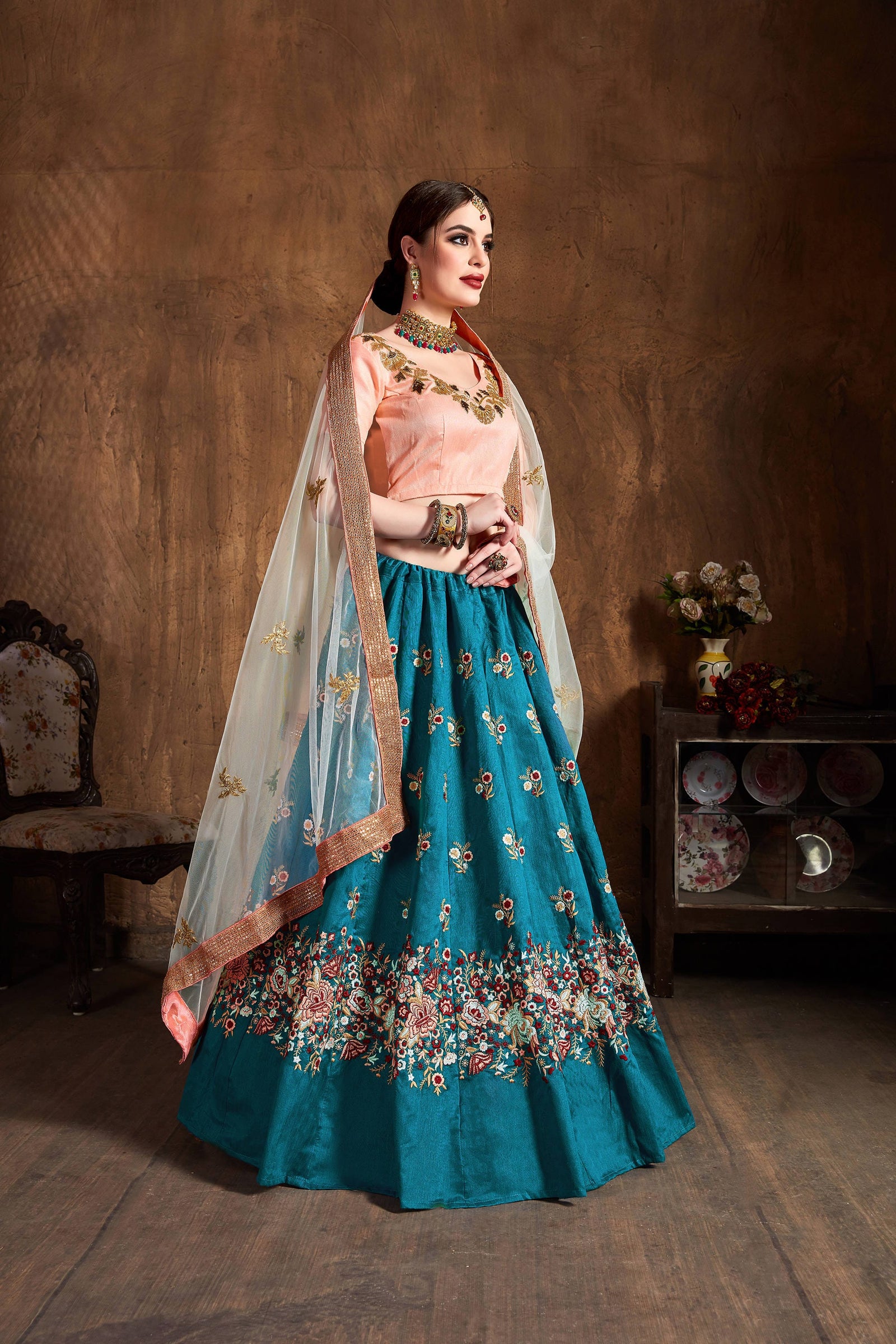 Teal Blue Raw Silk Embroidered Lehenga Choli Set