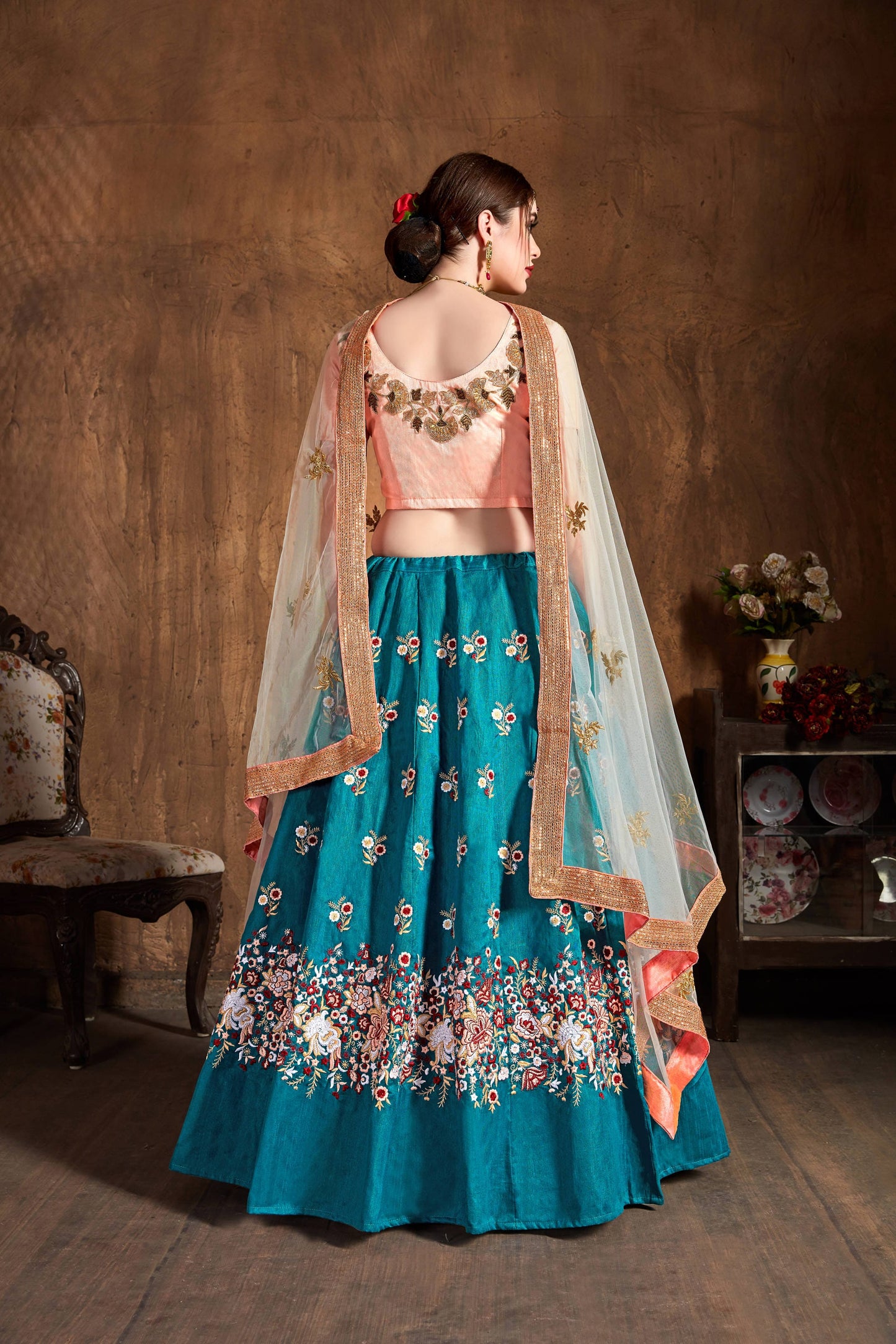 Teal Blue Raw Silk Embroidered Lehenga Choli Set