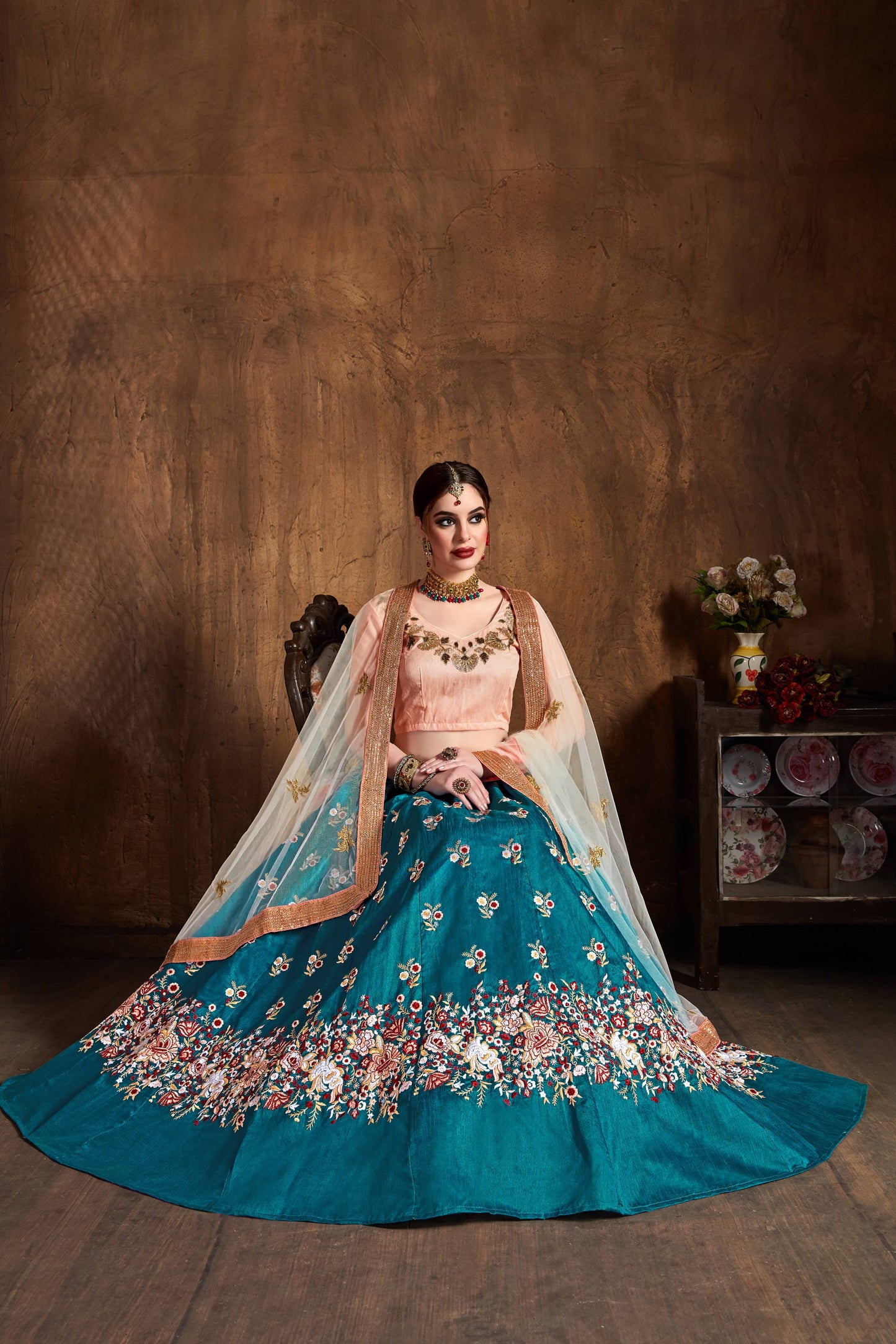 Teal Blue Raw Silk Embroidered Lehenga Choli Set
