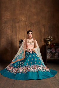 Teal Blue Raw Silk Embroidered Lehenga Choli Set