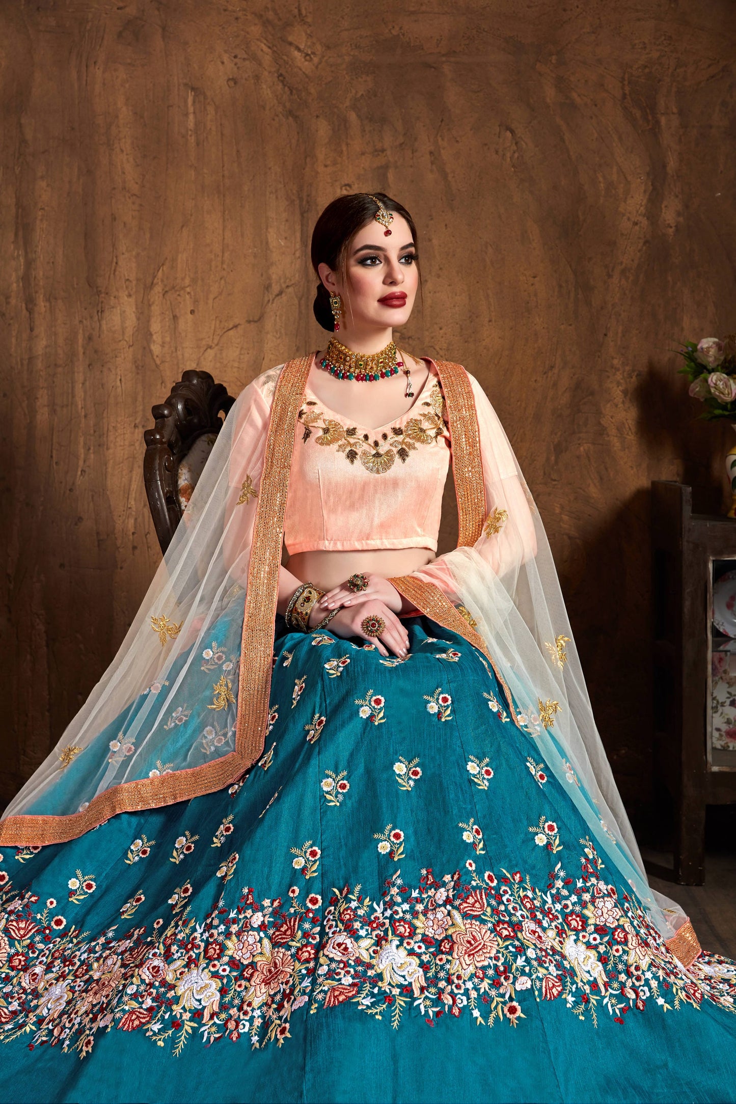 Teal Blue Raw Silk Embroidered Lehenga Choli Set