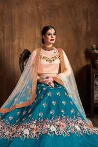 Teal Blue Raw Silk Embroidered Lehenga Choli Set
