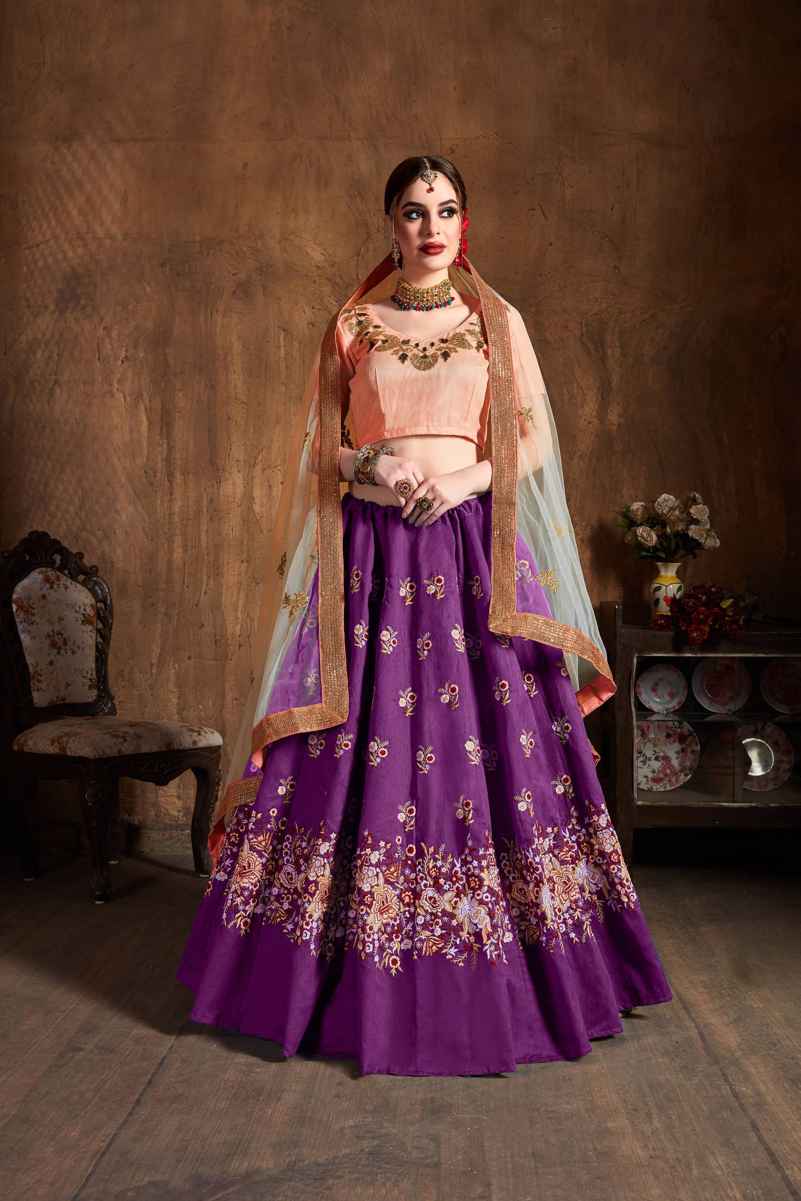 Purple Raw Silk Embroidered Lehenga Choli Set