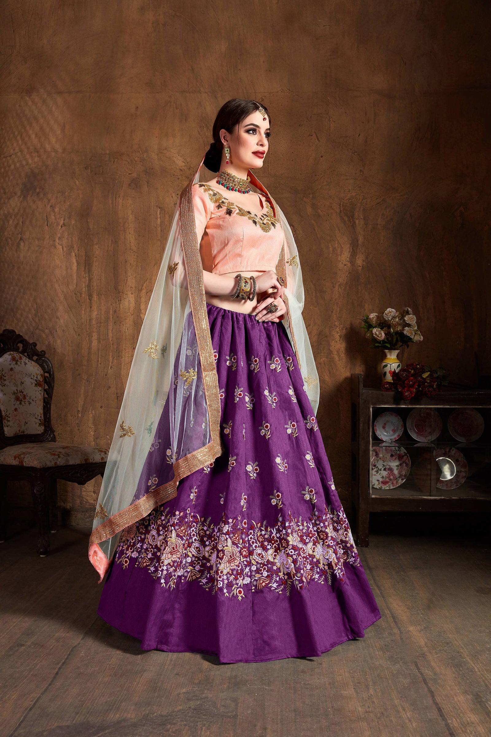 Purple Raw Silk Embroidered Lehenga Choli Set
