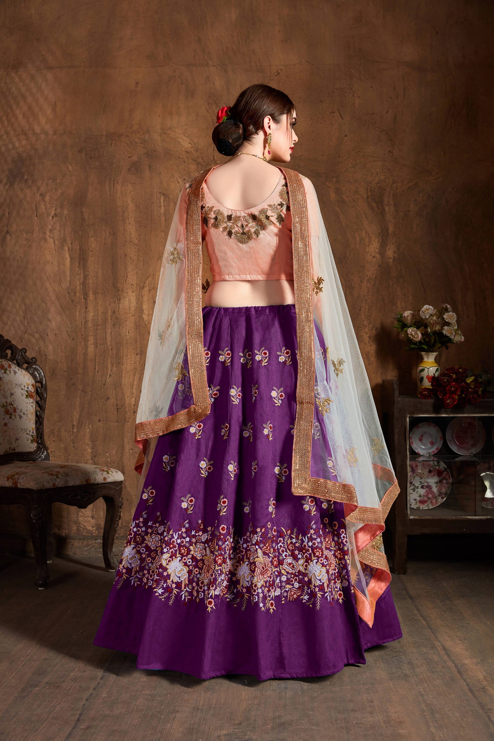 Purple Raw Silk Embroidered Lehenga Choli Set