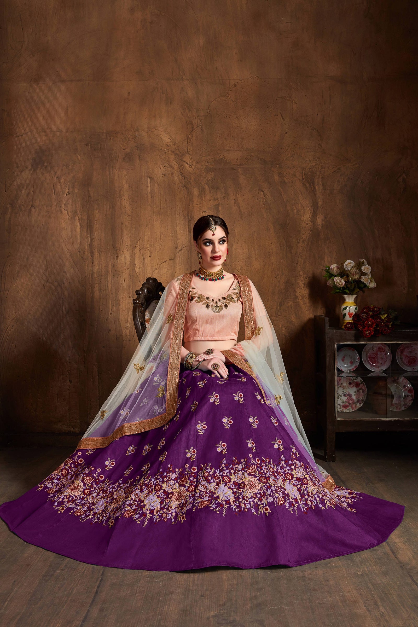 Purple Raw Silk Embroidered Lehenga Choli Set