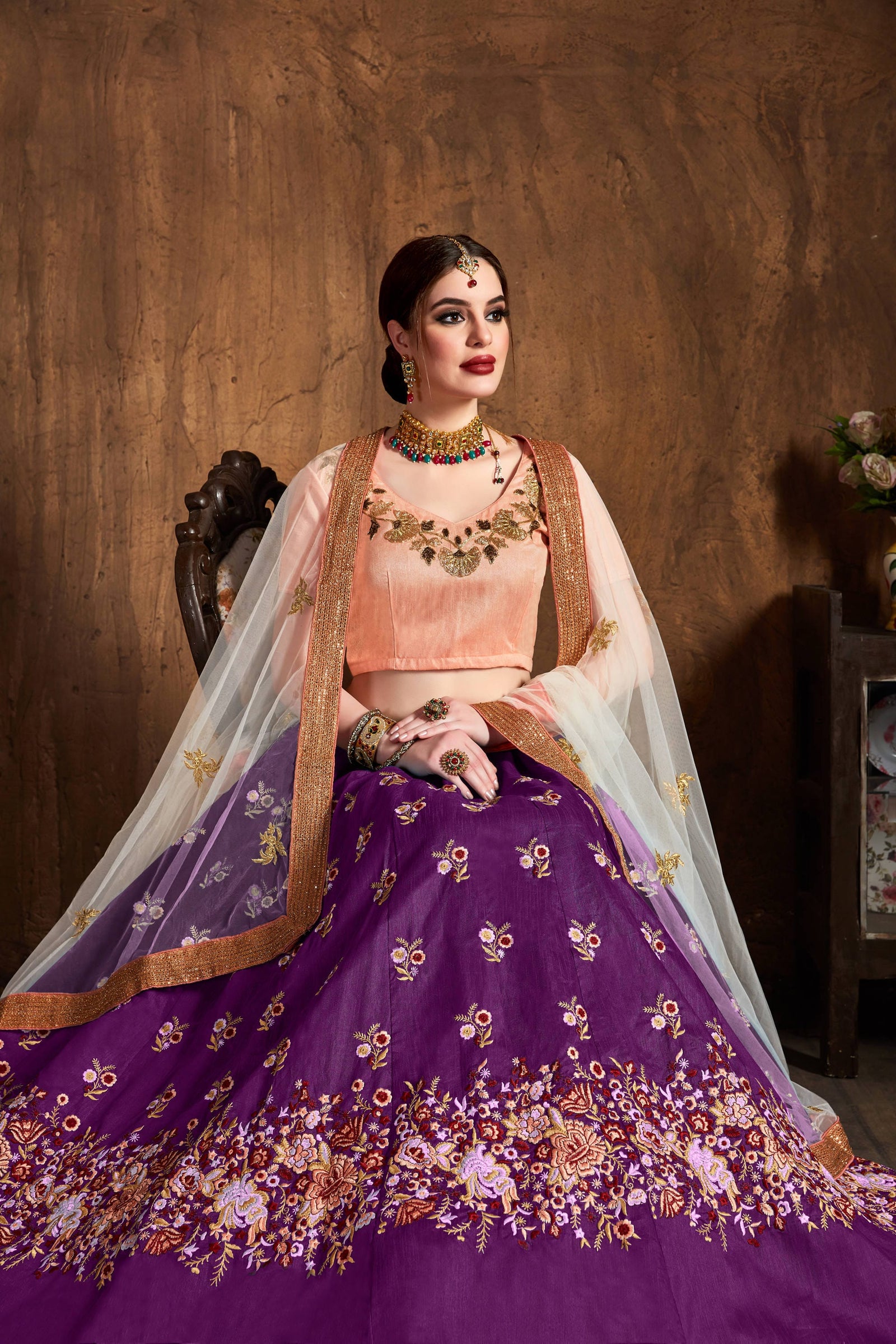 Purple Raw Silk Embroidered Lehenga Choli Set