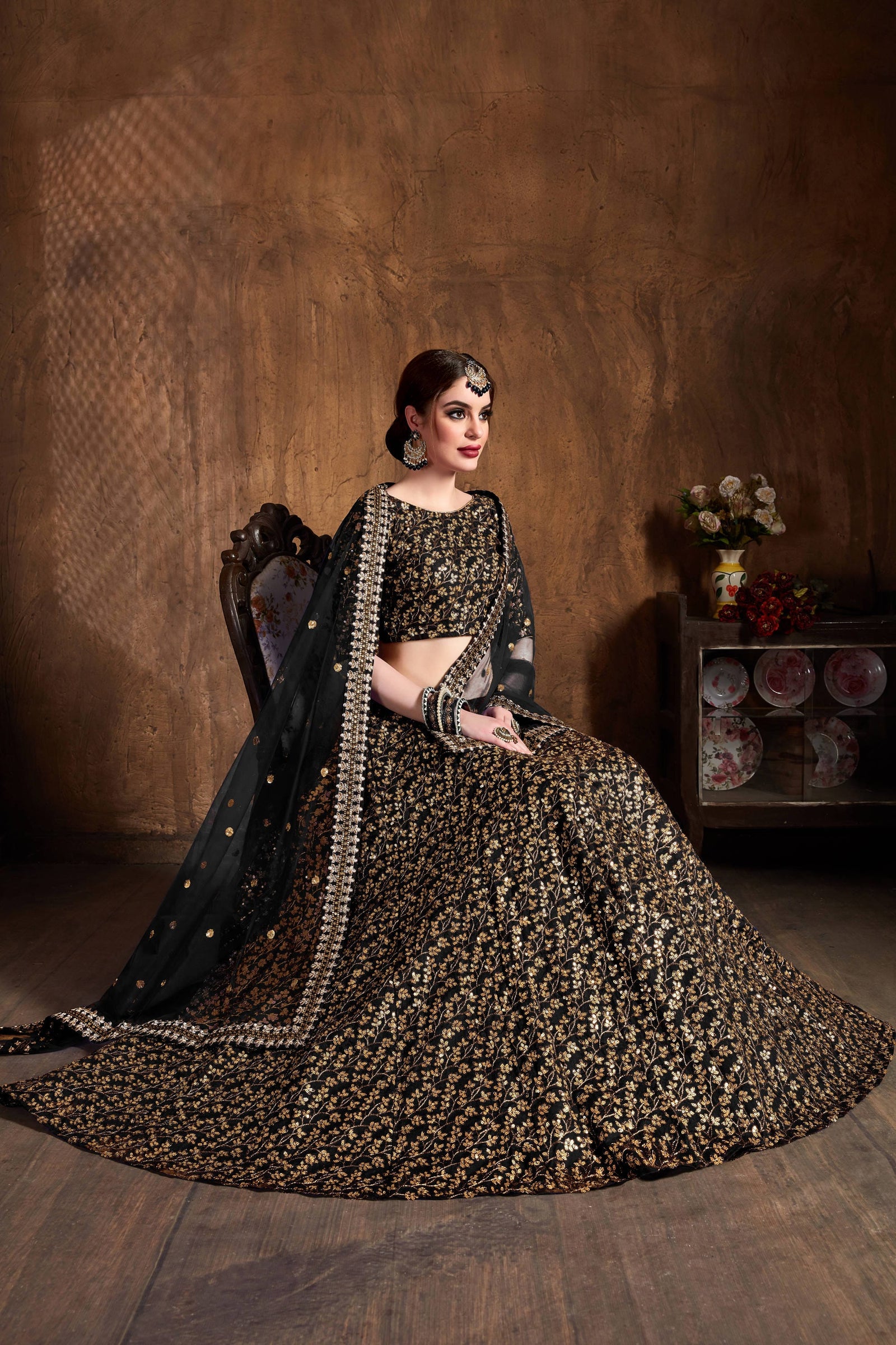 Black Raw Silk Heavy Embroidered Lehenga Choli Set