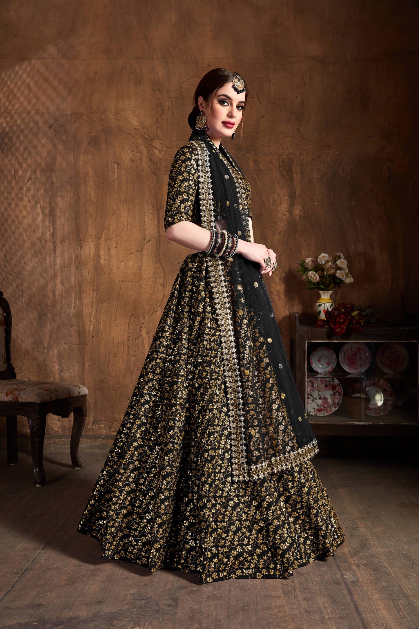 Black Raw Silk Heavy Embroidered Lehenga Choli Set