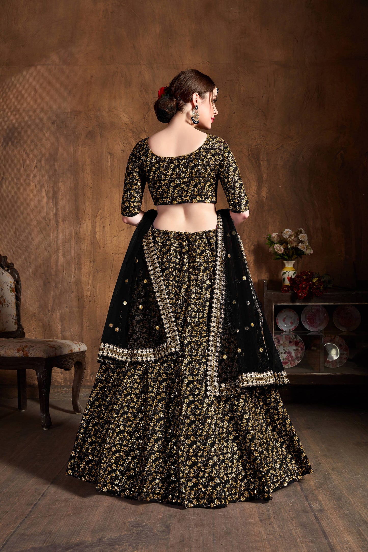 Black Raw Silk Heavy Embroidered Lehenga Choli Set