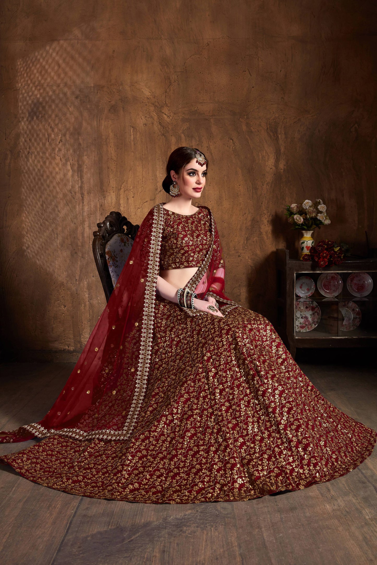 Deep Maroon Raw Silk Heavy Embroidered Lehenga Choli Set