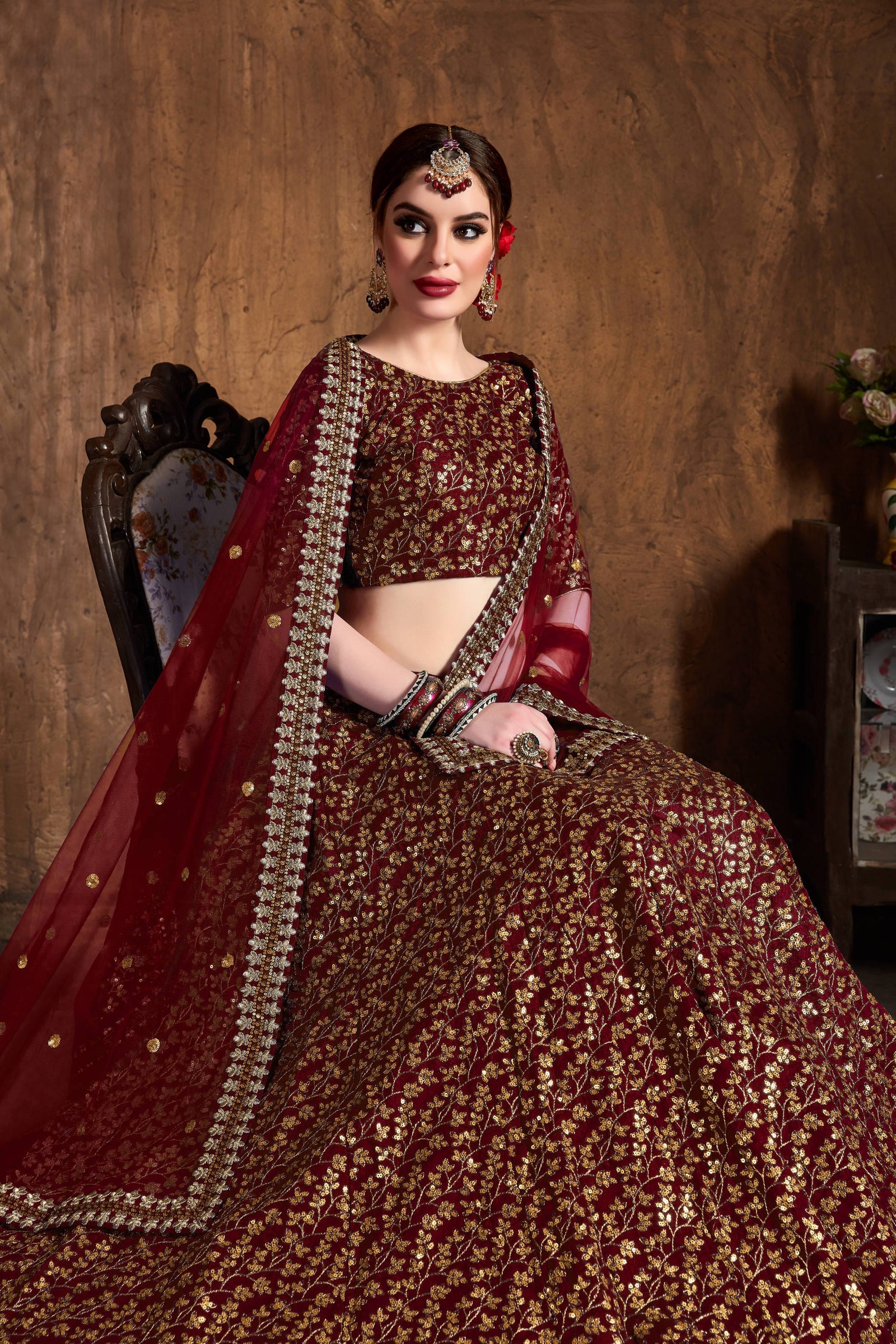 Deep Maroon Raw Silk Heavy Embroidered Lehenga Choli Set