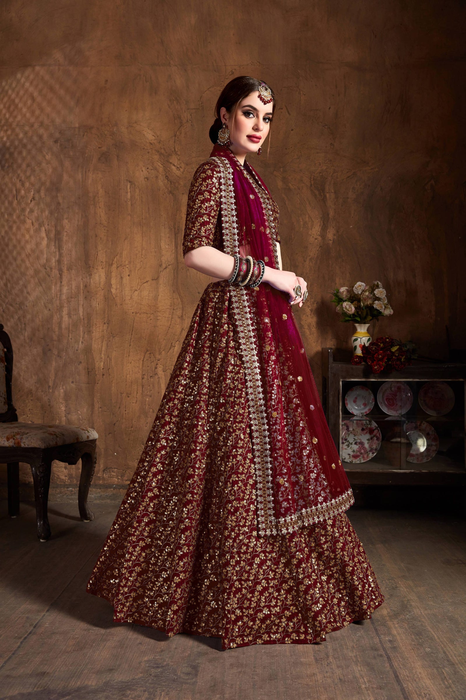 Deep Maroon Raw Silk Heavy Embroidered Lehenga Choli Set