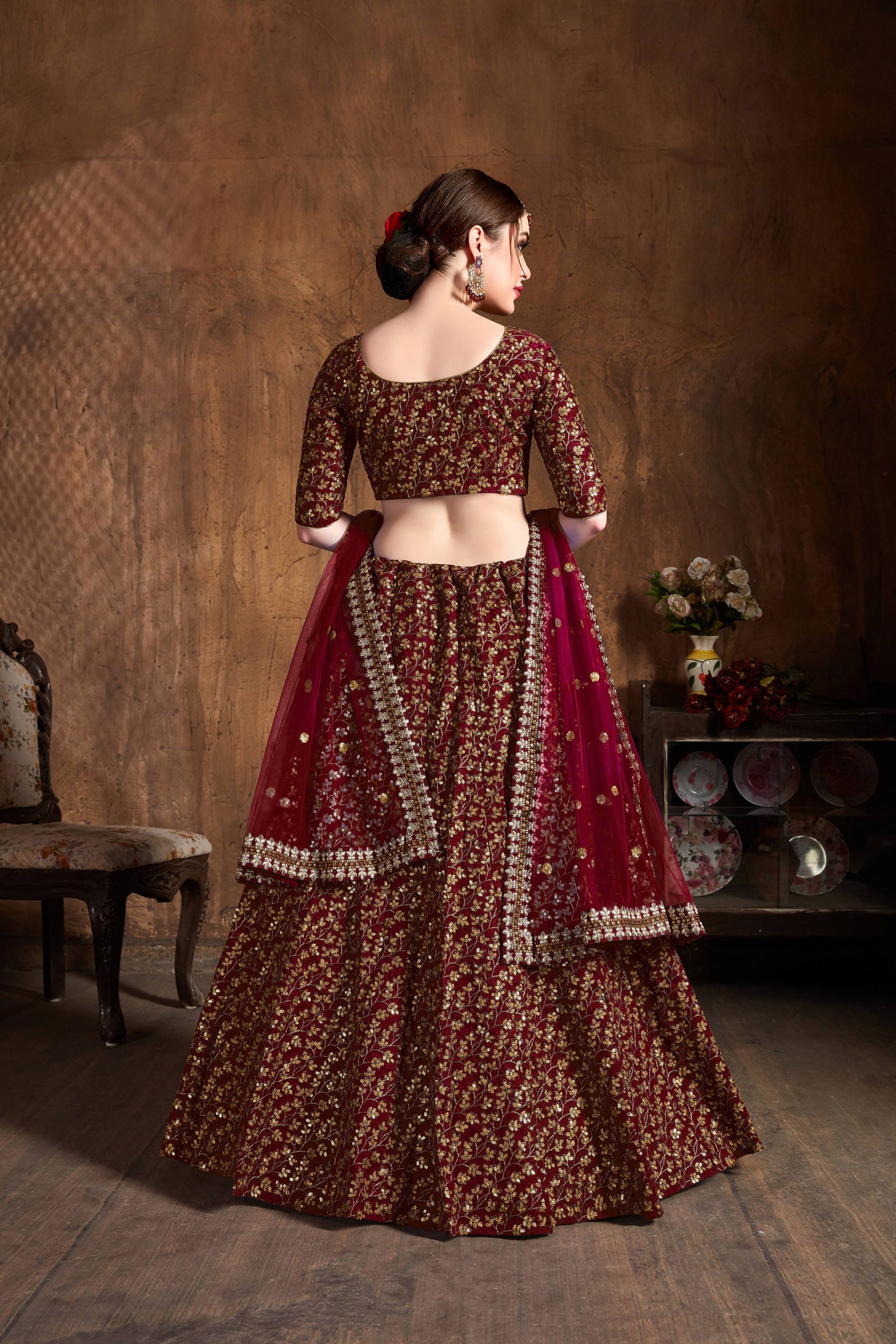 Deep Maroon Raw Silk Heavy Embroidered Lehenga Choli Set