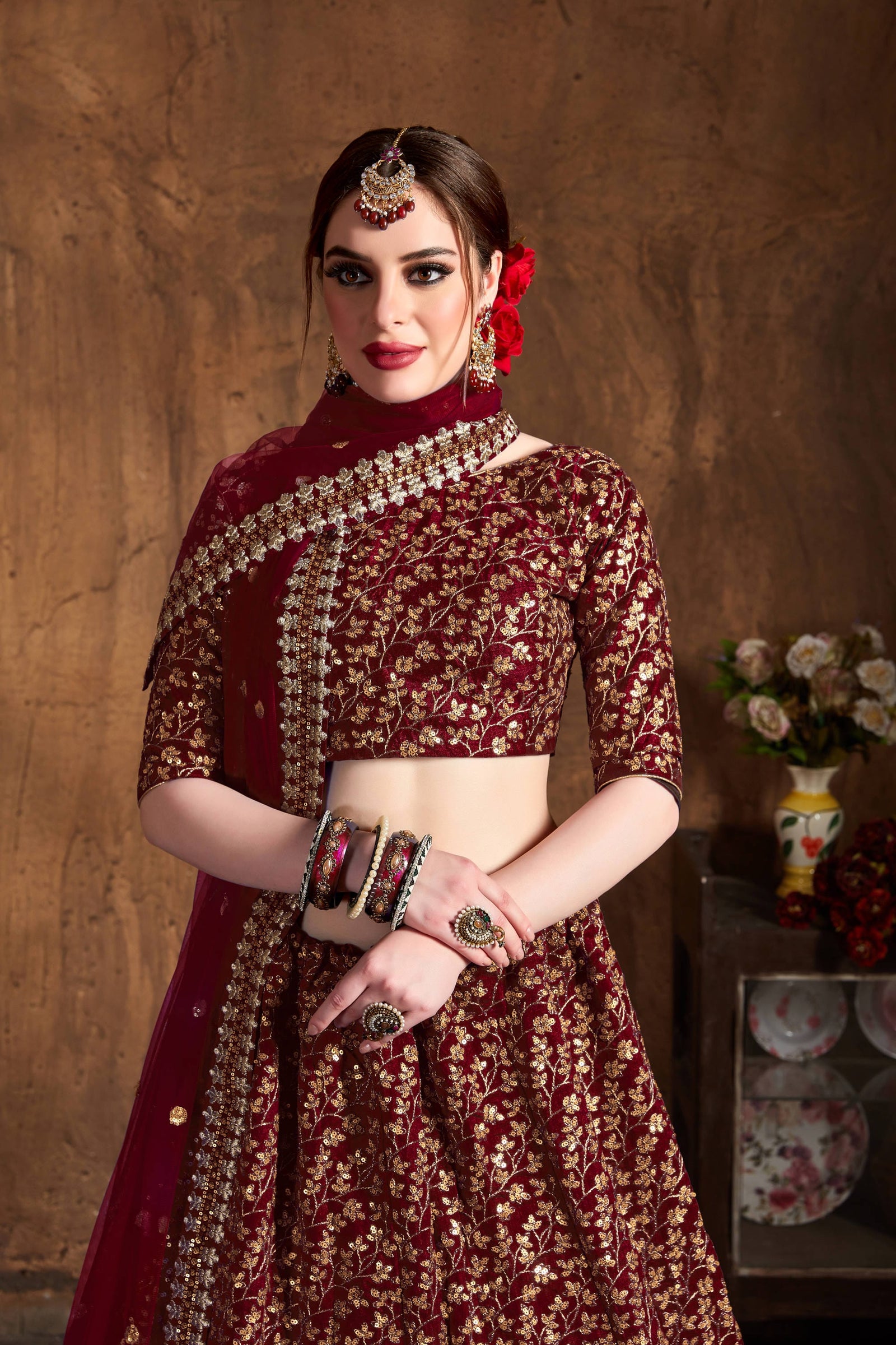 Deep Maroon Raw Silk Heavy Embroidered Lehenga Choli Set