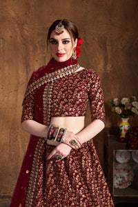 Deep Maroon Raw Silk Heavy Embroidered Lehenga Choli Set