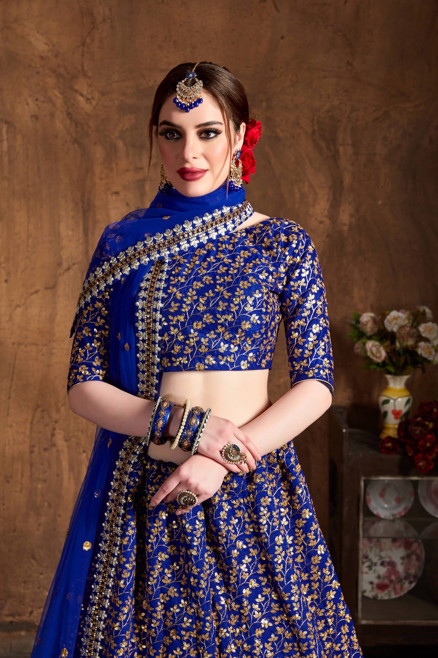 Royal Blue Raw Silk Heavy Embroidered Lehenga Choli Set