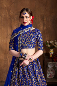 Royal Blue Raw Silk Heavy Embroidered Lehenga Choli Set