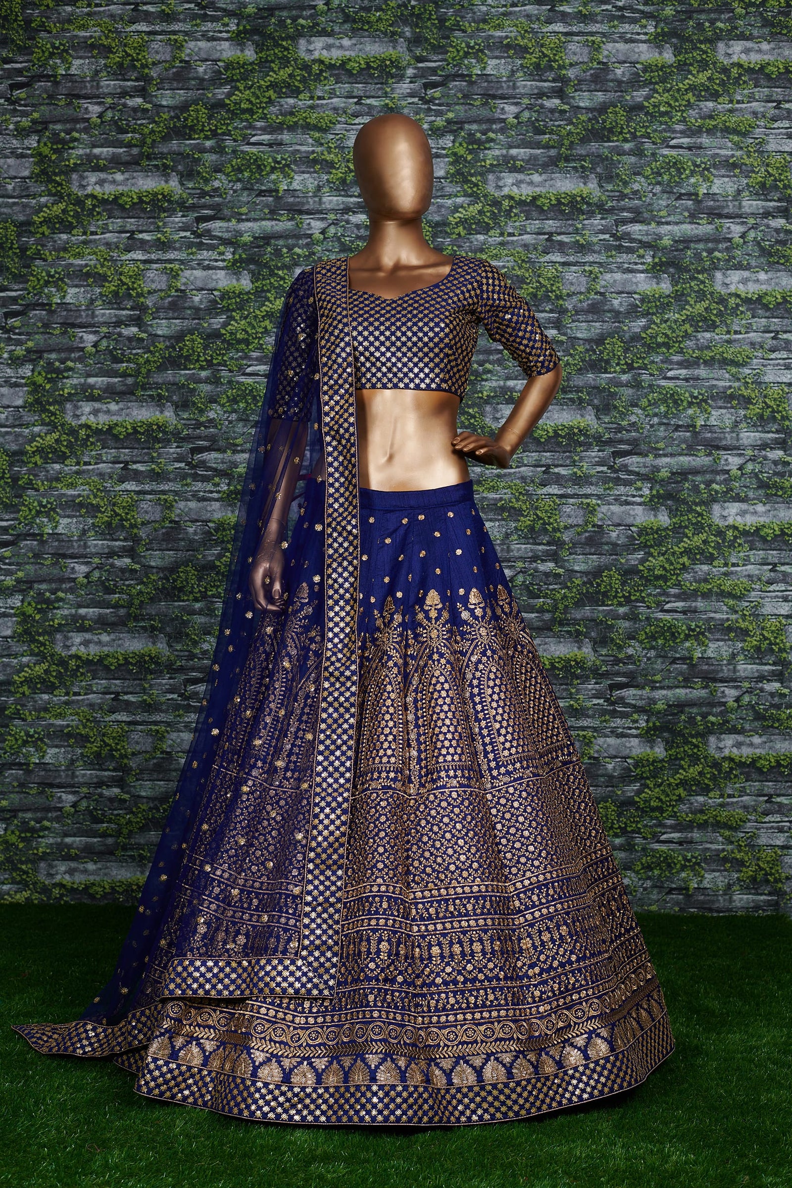 Navy Blue Raw Silk Embroidered Semi-Stitched Lehenga Choli