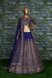 Navy Blue Raw Silk Embroidered Semi-Stitched Lehenga Choli