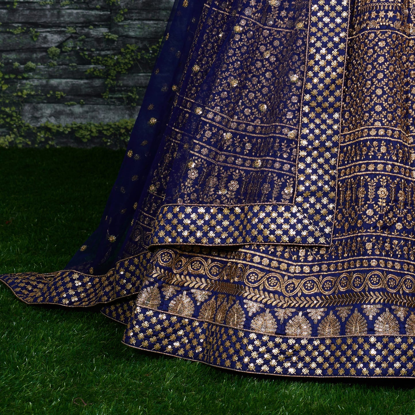 Navy Blue Raw Silk Embroidered Semi-Stitched Lehenga Choli
