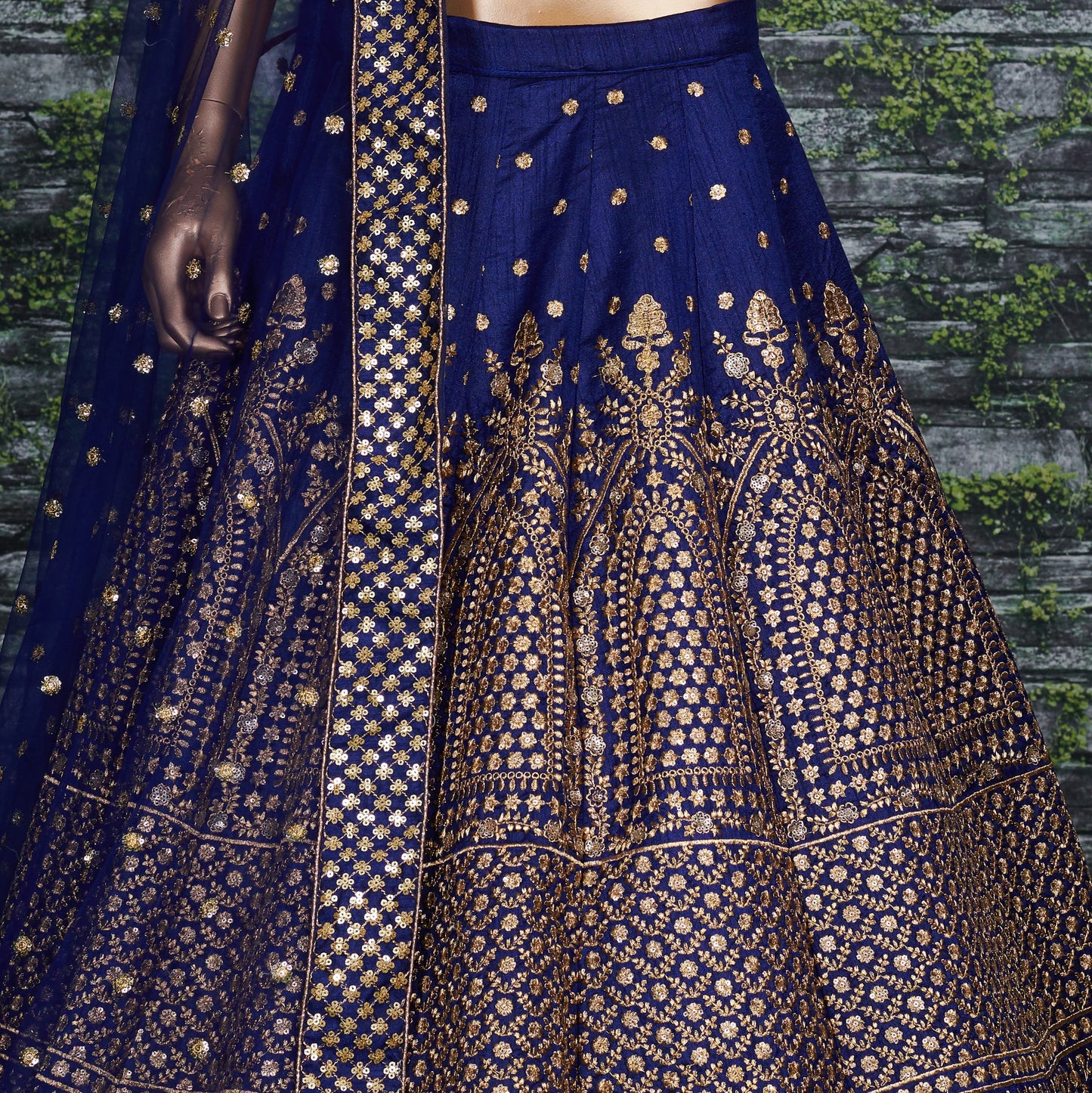 Navy Blue Raw Silk Embroidered Semi-Stitched Lehenga Choli