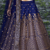 Navy Blue Raw Silk Embroidered Semi-Stitched Lehenga Choli