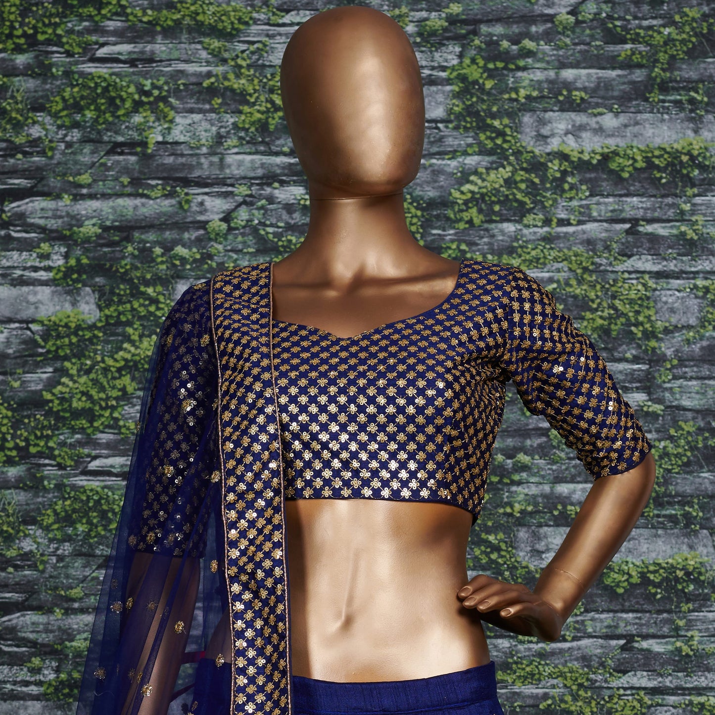 Navy Blue Raw Silk Embroidered Semi-Stitched Lehenga Choli