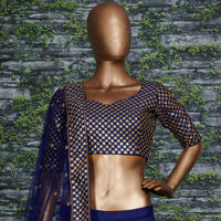 Navy Blue Raw Silk Embroidered Semi-Stitched Lehenga Choli