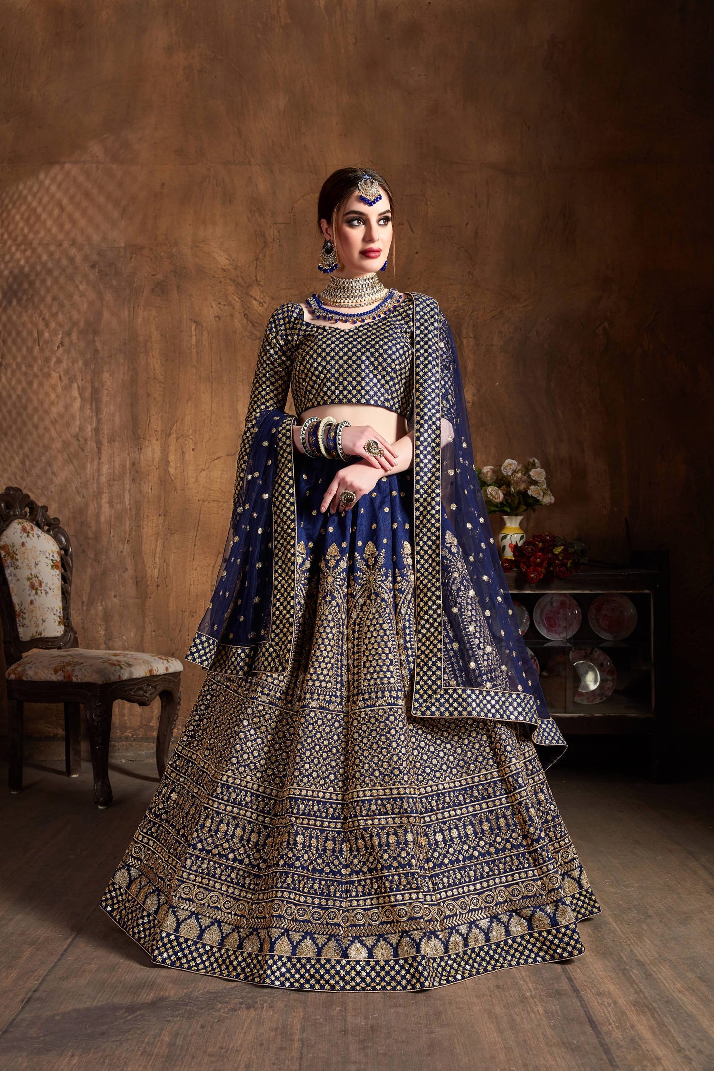 Navy Blue Raw Silk Embroidered Semi-Stitched Lehenga Choli