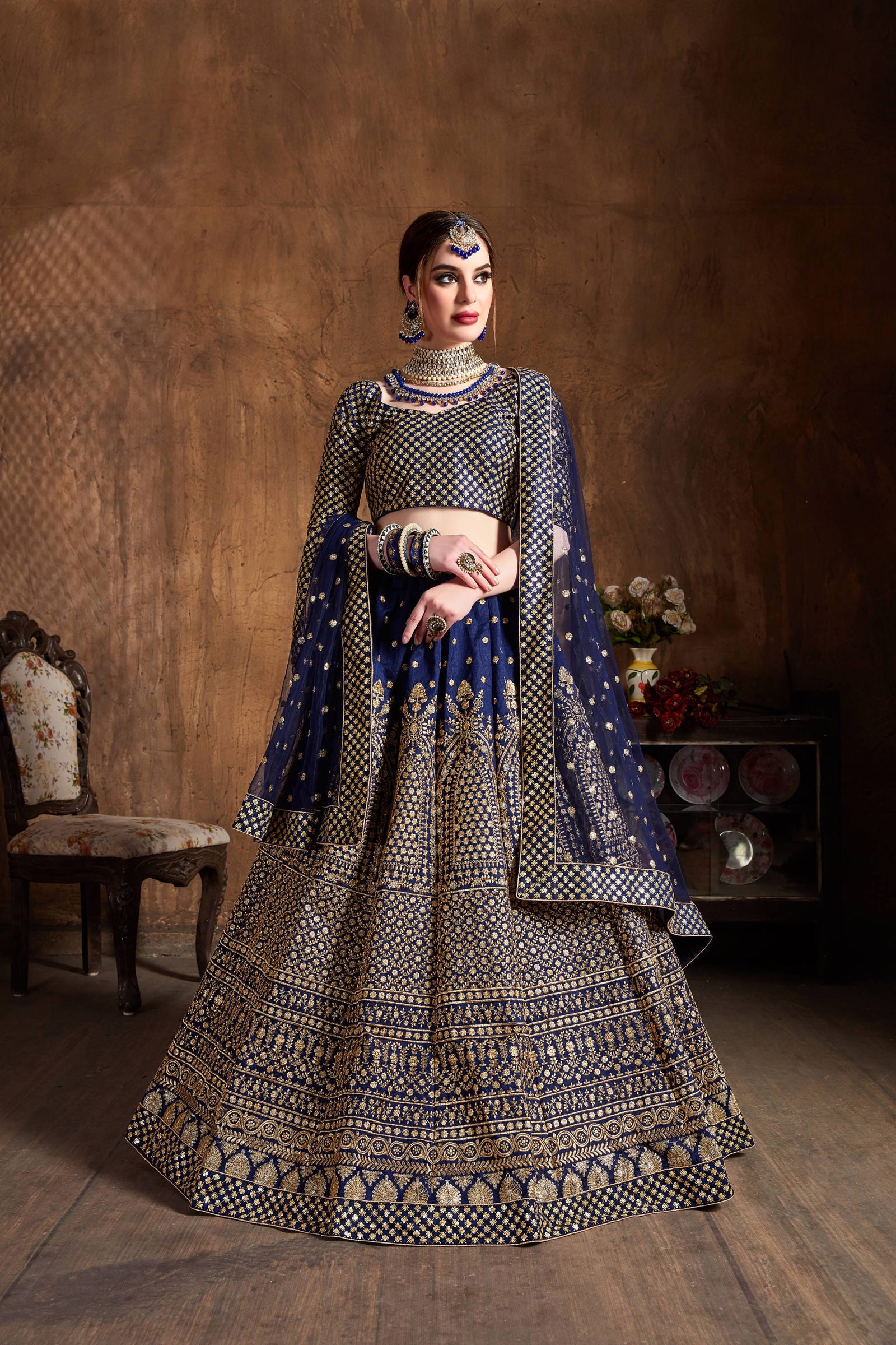 Regal Blue Raw Silk Zari Embroidered Lehenga Choli Set