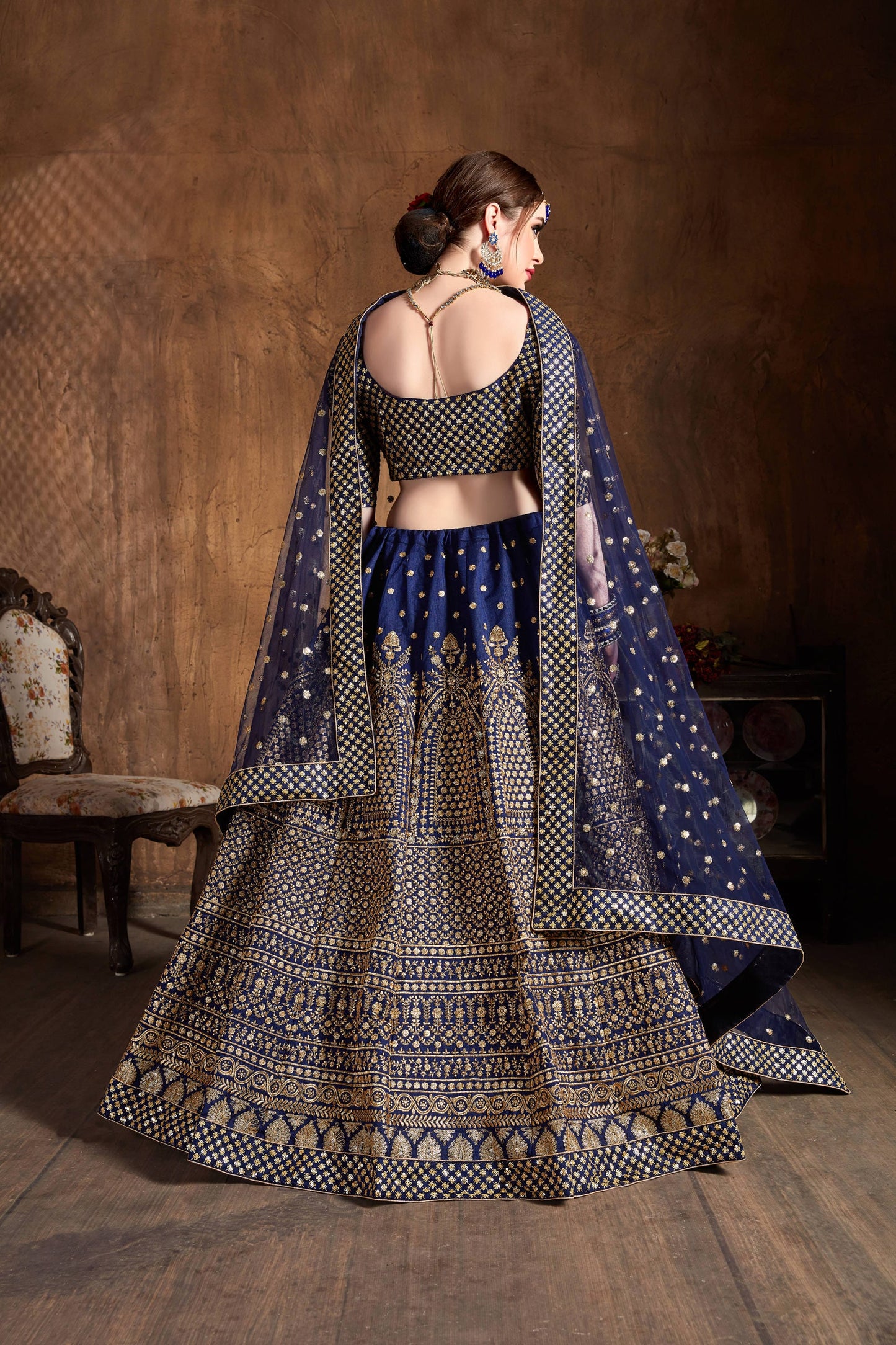 Regal Blue Raw Silk Zari Embroidered Lehenga Choli Set