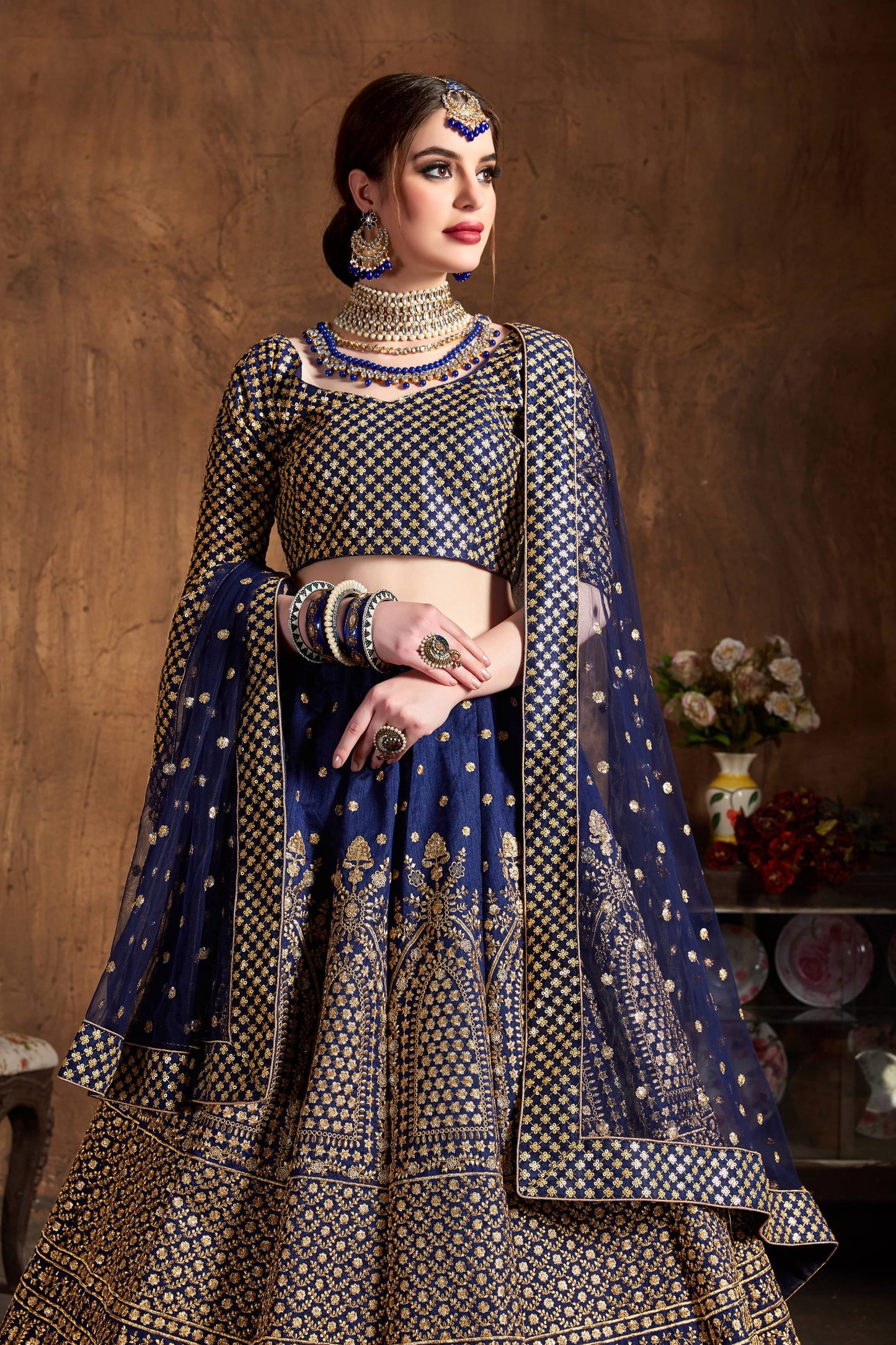 Navy Blue Raw Silk Embroidered Semi-Stitched Lehenga Choli