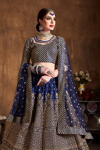 Navy Blue Raw Silk Embroidered Semi-Stitched Lehenga Choli