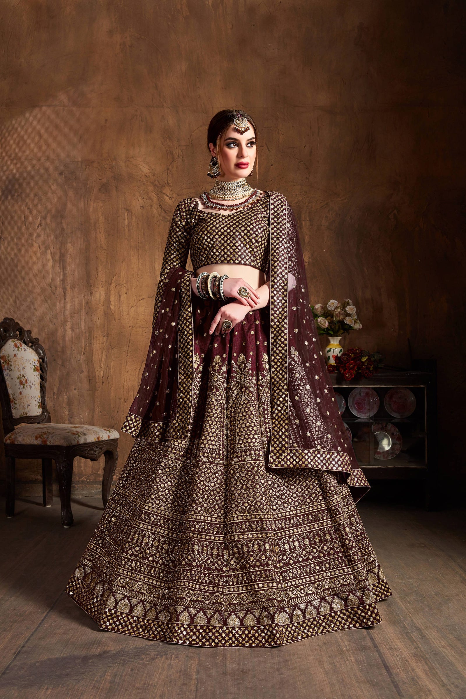 Maroon Royal Raw Silk Embroidered Lehenga Choli Set