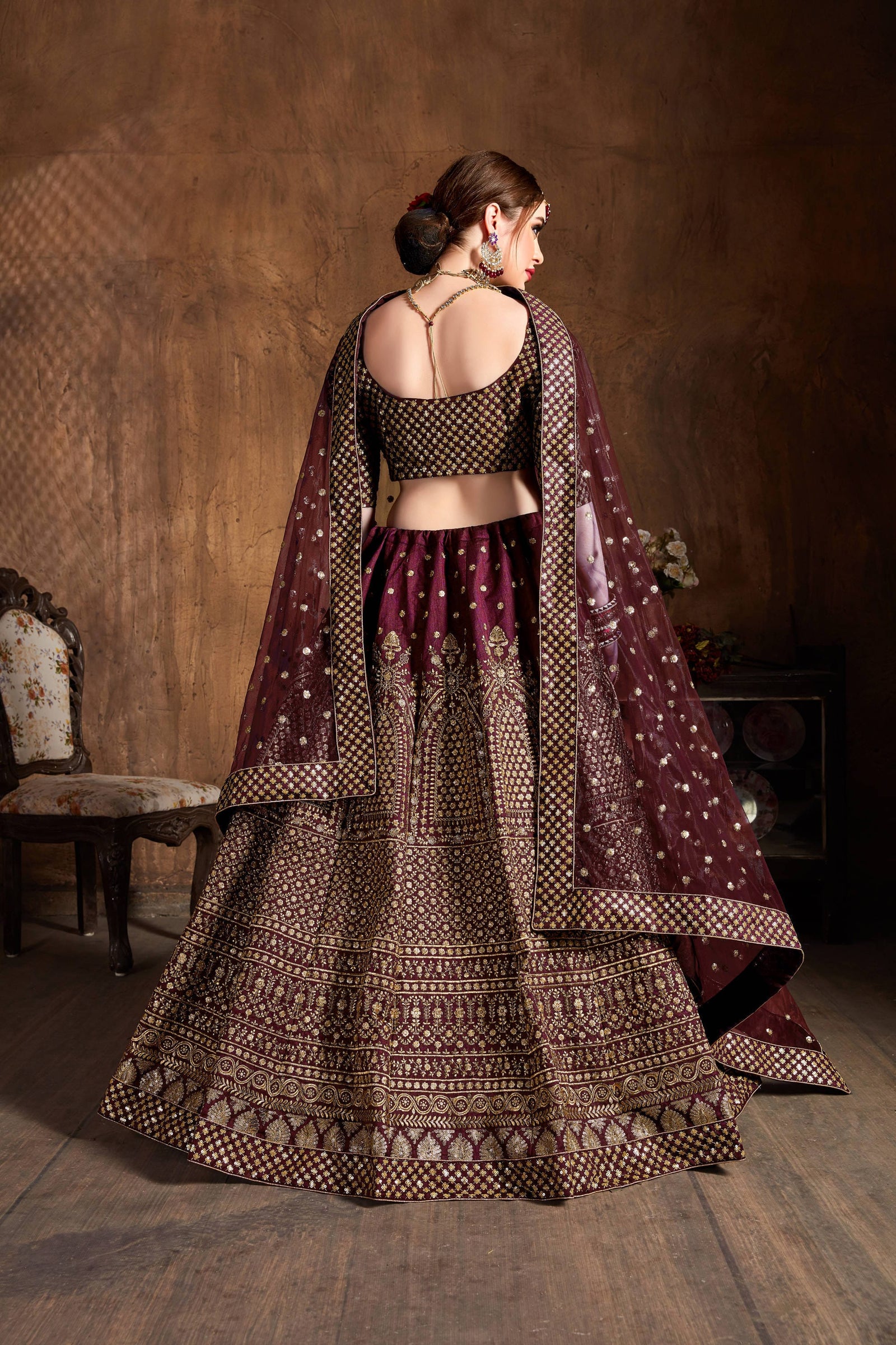 Crimson Raw Silk Zari Embroidered Lehenga Choli Set